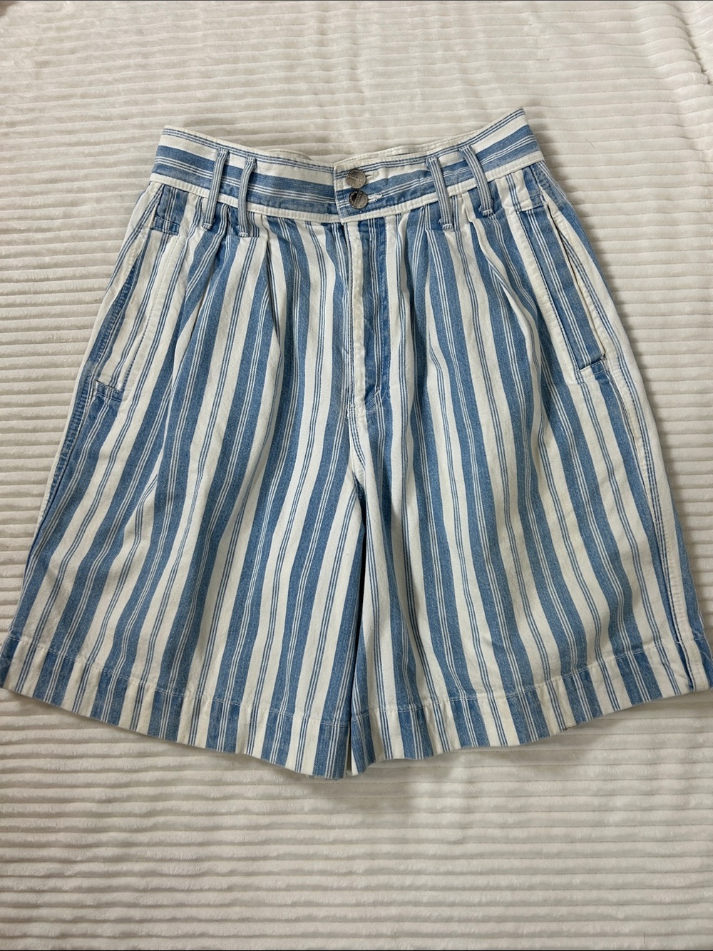 Vintage 90s Essentials Light Blue & White Striped pleated Jean Shorts